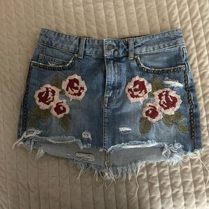Free People Boho Embroidered Denim Skirt with Studs